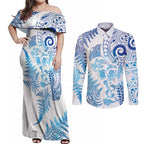 New Zealand Sea Animals Couples Matching Off Shoulder Maxi Dress and Long Sleeve Button Shirt with Maori Koru Tribal Tattoo and Silver Ferns Galaxy Style
