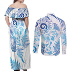 New Zealand Sea Animals Couples Matching Off Shoulder Maxi Dress and Long Sleeve Button Shirt with Maori Koru Tribal Tattoo and Silver Ferns Galaxy Style