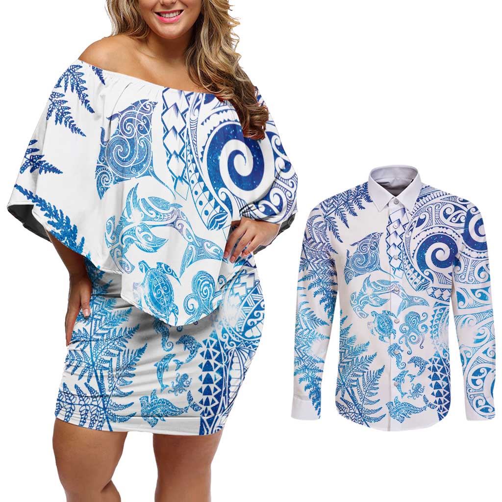 New Zealand Sea Animals Couples Matching Off Shoulder Short Dress and Long Sleeve Button Shirt with Maori Koru Tribal Tattoo and Silver Ferns Galaxy Style