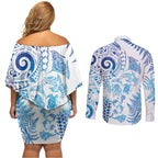 New Zealand Sea Animals Couples Matching Off Shoulder Short Dress and Long Sleeve Button Shirt with Maori Koru Tribal Tattoo and Silver Ferns Galaxy Style