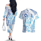 New Zealand Sea Animals Couples Matching Off The Shoulder Long Sleeve Dress and Hawaiian Shirt with Maori Koru Tribal Tattoo and Silver Ferns Galaxy Style