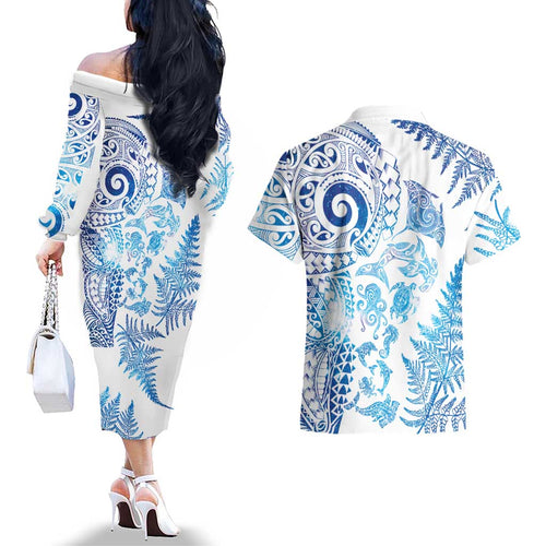 New Zealand Sea Animals Couples Matching Off The Shoulder Long Sleeve Dress and Hawaiian Shirt with Maori Koru Tribal Tattoo and Silver Ferns Galaxy Style