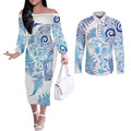 New Zealand Sea Animals Couples Matching Off The Shoulder Long Sleeve Dress and Long Sleeve Button Shirt with Maori Koru Tribal Tattoo and Silver Ferns Galaxy Style