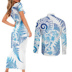 New Zealand Sea Animals Couples Matching Short Sleeve Bodycon Dress and Long Sleeve Button Shirt with Maori Koru Tribal Tattoo and Silver Ferns Galaxy Style