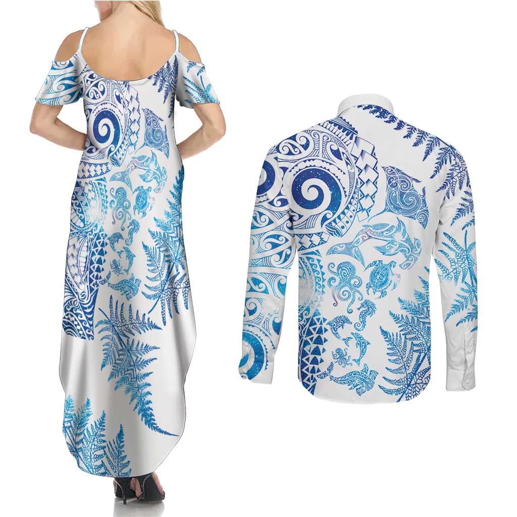 New Zealand Sea Animals Couples Matching Summer Maxi Dress and Long Sleeve Button Shirt with Maori Koru Tribal Tattoo and Silver Ferns Galaxy Style