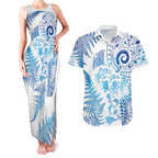 New Zealand Sea Animals Couples Matching Tank Maxi Dress and Hawaiian Shirt with Maori Koru Tribal Tattoo and Silver Ferns Galaxy Style