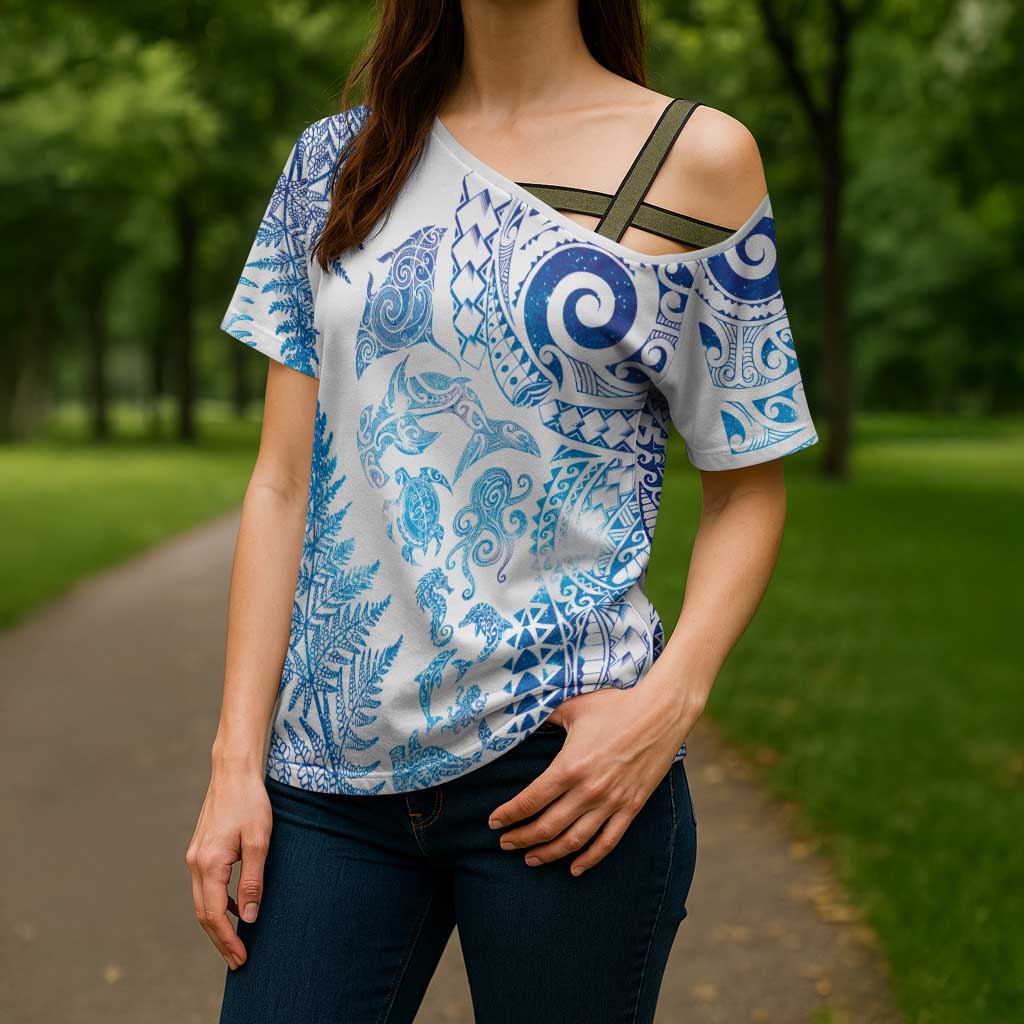 New Zealand Sea Animals Cross Shoulder Shirt with Maori Koru Tribal Tattoo and Silver Ferns Galaxy Style