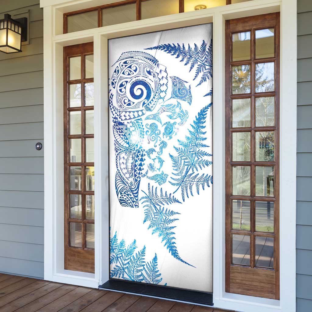 New Zealand Sea Animals Door Cover with Maori Koru Tribal Tattoo and Silver Ferns Galaxy Style
