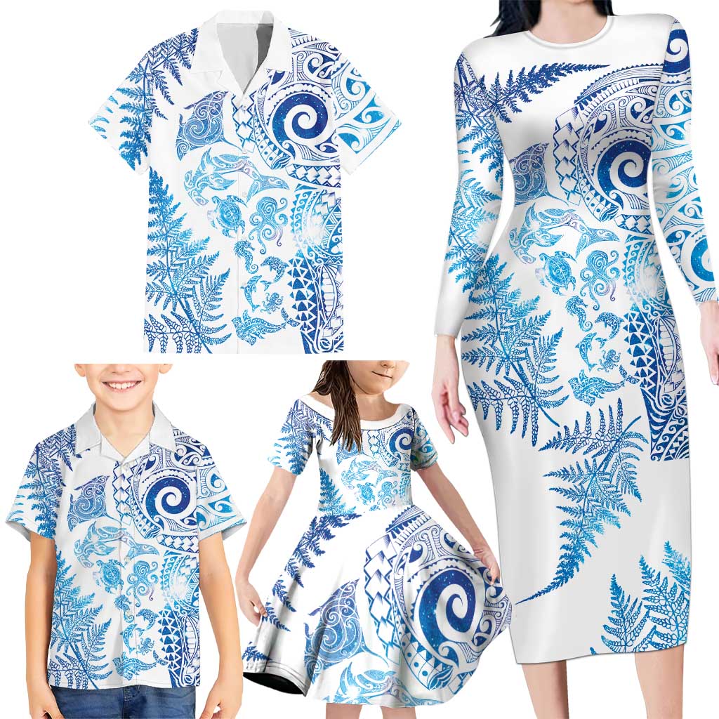 New Zealand Sea Animals Family Matching Long Sleeve Bodycon Dress and Hawaiian Shirt with Maori Koru Tribal Tattoo and Silver Ferns Galaxy Style