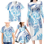 New Zealand Sea Animals Family Matching Long Sleeve Bodycon Dress and Hawaiian Shirt with Maori Koru Tribal Tattoo and Silver Ferns Galaxy Style
