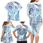 New Zealand Sea Animals Family Matching Long Sleeve Bodycon Dress and Hawaiian Shirt with Maori Koru Tribal Tattoo and Silver Ferns Galaxy Style
