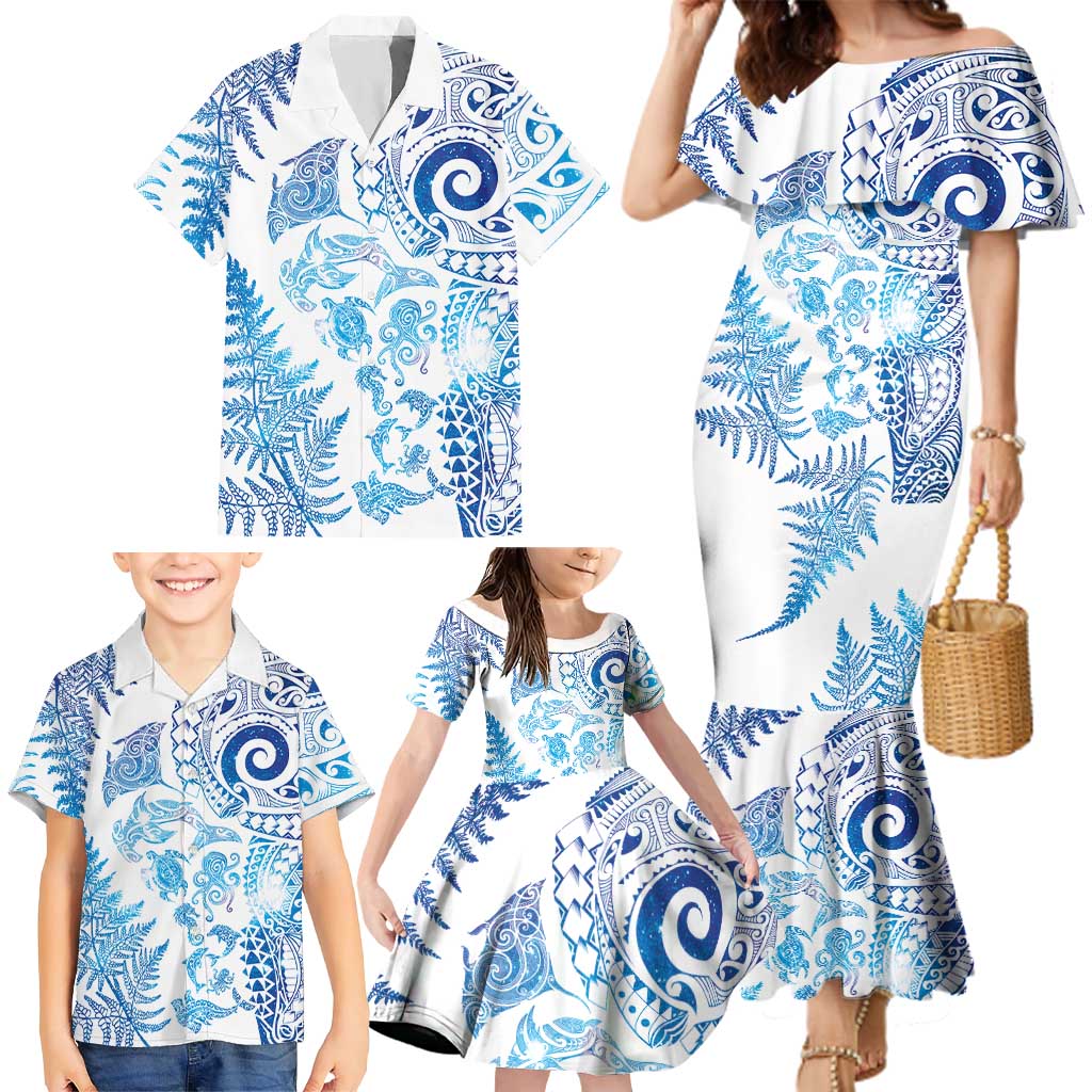New Zealand Sea Animals Family Matching Mermaid Dress and Hawaiian Shirt with Maori Koru Tribal Tattoo and Silver Ferns Galaxy Style