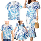 New Zealand Sea Animals Family Matching Mermaid Dress and Hawaiian Shirt with Maori Koru Tribal Tattoo and Silver Ferns Galaxy Style