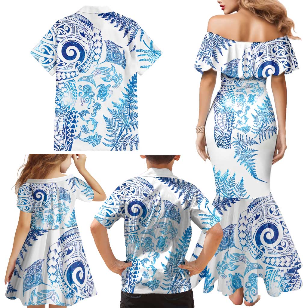 New Zealand Sea Animals Family Matching Mermaid Dress and Hawaiian Shirt with Maori Koru Tribal Tattoo and Silver Ferns Galaxy Style