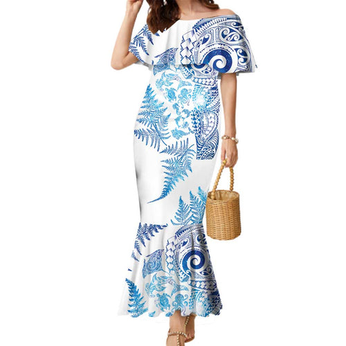 New Zealand Sea Animals Family Matching Mermaid Dress and Hawaiian Shirt with Maori Koru Tribal Tattoo and Silver Ferns Galaxy Style