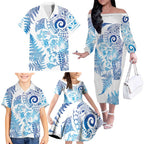 New Zealand Sea Animals Family Matching Off The Shoulder Long Sleeve Dress and Hawaiian Shirt with Maori Koru Tribal Tattoo and Silver Ferns Galaxy Style