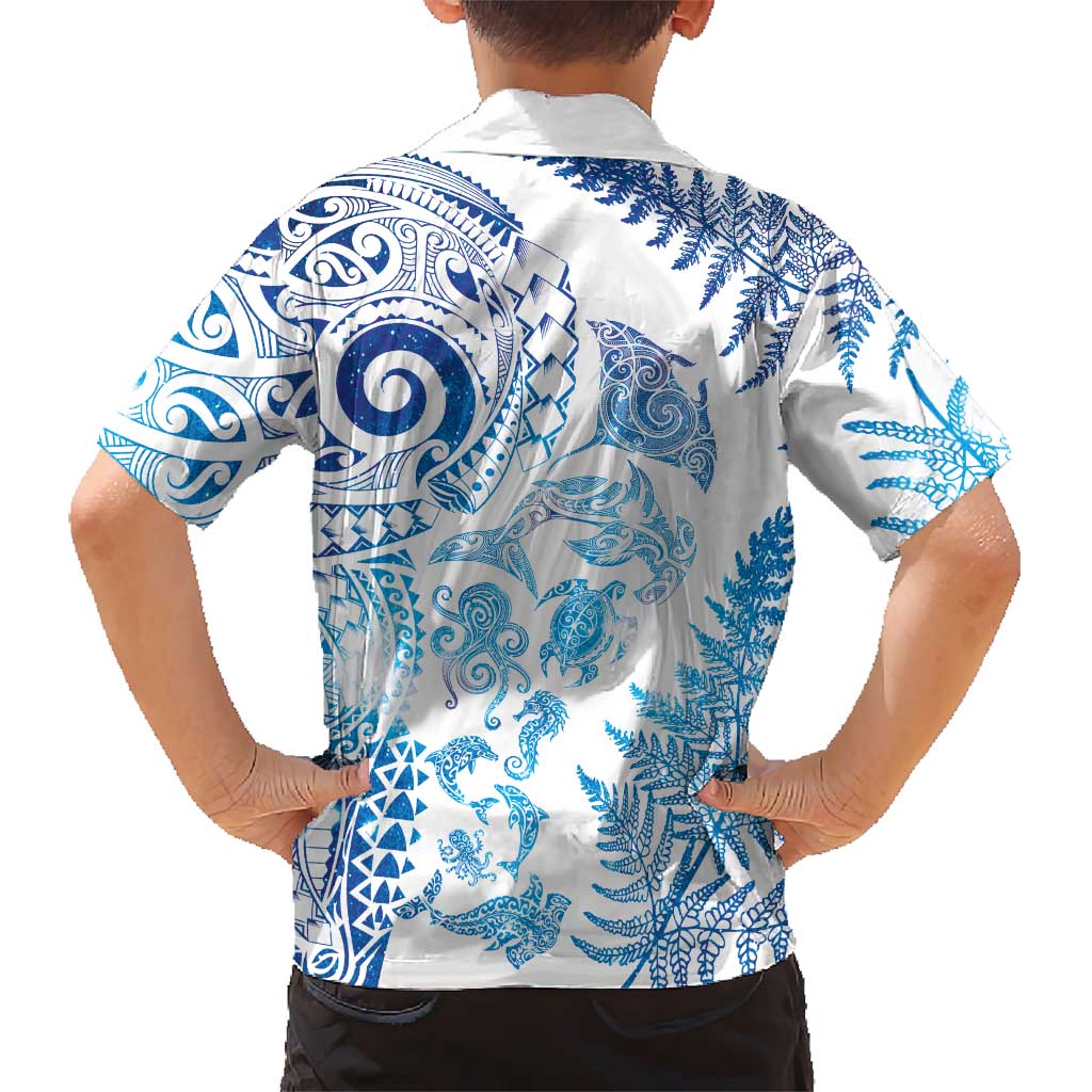 New Zealand Sea Animals Family Matching Off The Shoulder Long Sleeve Dress and Hawaiian Shirt with Maori Koru Tribal Tattoo and Silver Ferns Galaxy Style