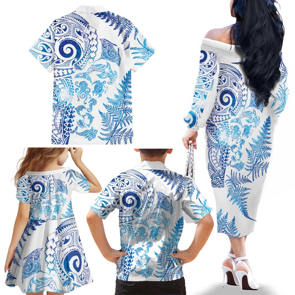 New Zealand Sea Animals Family Matching Off The Shoulder Long Sleeve Dress and Hawaiian Shirt with Maori Koru Tribal Tattoo and Silver Ferns Galaxy Style
