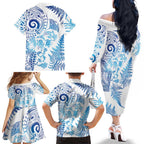 New Zealand Sea Animals Family Matching Off The Shoulder Long Sleeve Dress and Hawaiian Shirt with Maori Koru Tribal Tattoo and Silver Ferns Galaxy Style