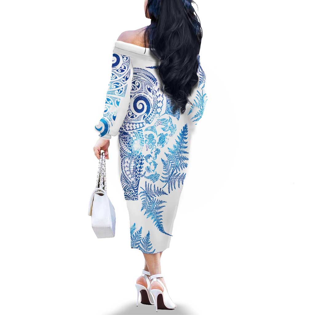 New Zealand Sea Animals Family Matching Off The Shoulder Long Sleeve Dress and Hawaiian Shirt with Maori Koru Tribal Tattoo and Silver Ferns Galaxy Style