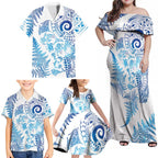 New Zealand Sea Animals Family Matching Off Shoulder Maxi Dress and Hawaiian Shirt with Maori Koru Tribal Tattoo and Silver Ferns Galaxy Style