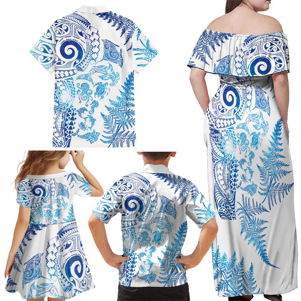New Zealand Sea Animals Family Matching Off Shoulder Maxi Dress and Hawaiian Shirt with Maori Koru Tribal Tattoo and Silver Ferns Galaxy Style