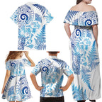 New Zealand Sea Animals Family Matching Off Shoulder Maxi Dress and Hawaiian Shirt with Maori Koru Tribal Tattoo and Silver Ferns Galaxy Style