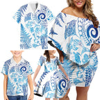 New Zealand Sea Animals Family Matching Off Shoulder Short Dress and Hawaiian Shirt with Maori Koru Tribal Tattoo and Silver Ferns Galaxy Style