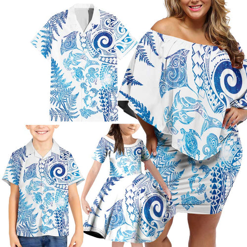 New Zealand Sea Animals Family Matching Off Shoulder Short Dress and Hawaiian Shirt with Maori Koru Tribal Tattoo and Silver Ferns Galaxy Style