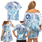 New Zealand Sea Animals Family Matching Off Shoulder Short Dress and Hawaiian Shirt with Maori Koru Tribal Tattoo and Silver Ferns Galaxy Style