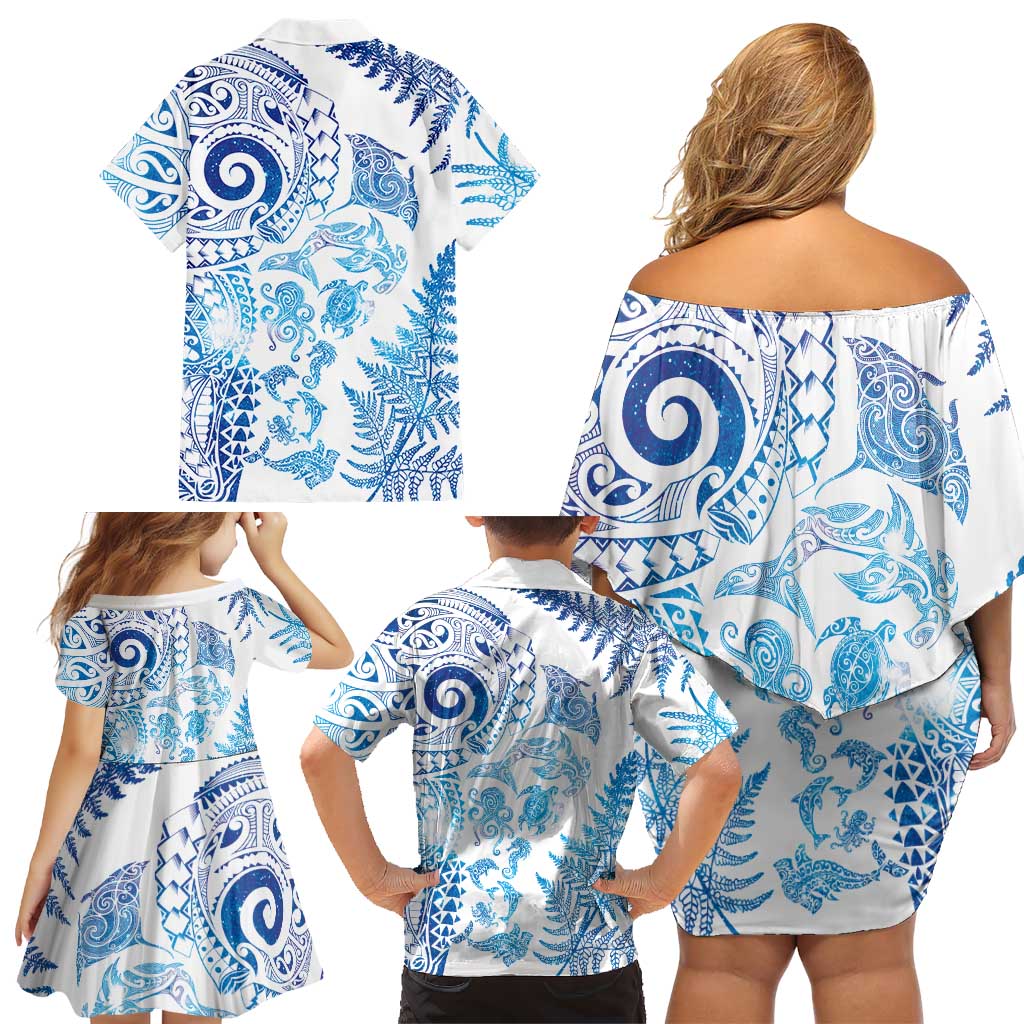 New Zealand Sea Animals Family Matching Off Shoulder Short Dress and Hawaiian Shirt with Maori Koru Tribal Tattoo and Silver Ferns Galaxy Style