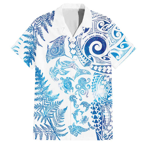 New Zealand Sea Animals Family Matching Off Shoulder Short Dress and Hawaiian Shirt with Maori Koru Tribal Tattoo and Silver Ferns Galaxy Style