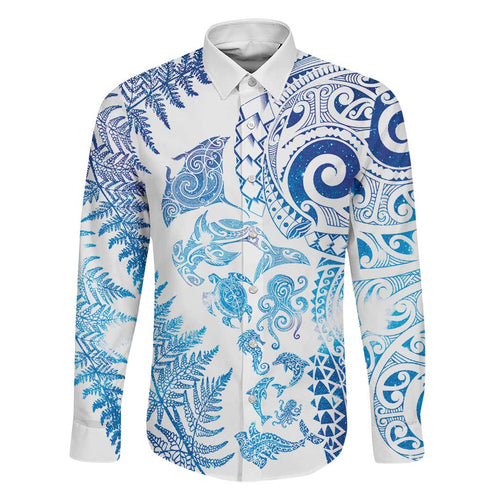 New Zealand Sea Animals Family Matching Off Shoulder Short Dress and Hawaiian Shirt with Maori Koru Tribal Tattoo and Silver Ferns Galaxy Style