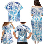 New Zealand Sea Animals Family Matching Puletasi and Hawaiian Shirt with Maori Koru Tribal Tattoo and Silver Ferns Galaxy Style