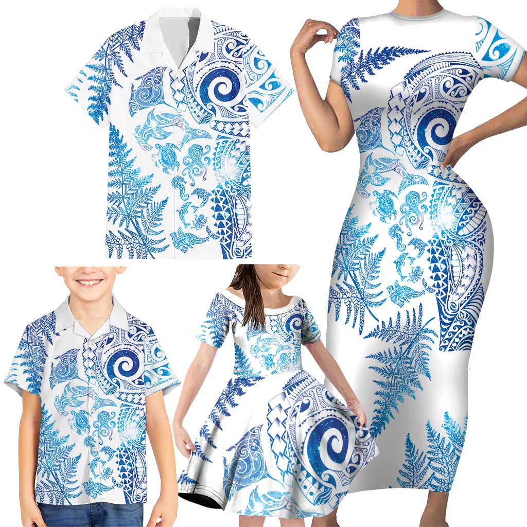 New Zealand Sea Animals Family Matching Short Sleeve Bodycon Dress and Hawaiian Shirt with Maori Koru Tribal Tattoo and Silver Ferns Galaxy Style