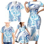 New Zealand Sea Animals Family Matching Short Sleeve Bodycon Dress and Hawaiian Shirt with Maori Koru Tribal Tattoo and Silver Ferns Galaxy Style