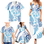 New Zealand Sea Animals Family Matching Summer Maxi Dress and Hawaiian Shirt with Maori Koru Tribal Tattoo and Silver Ferns Galaxy Style