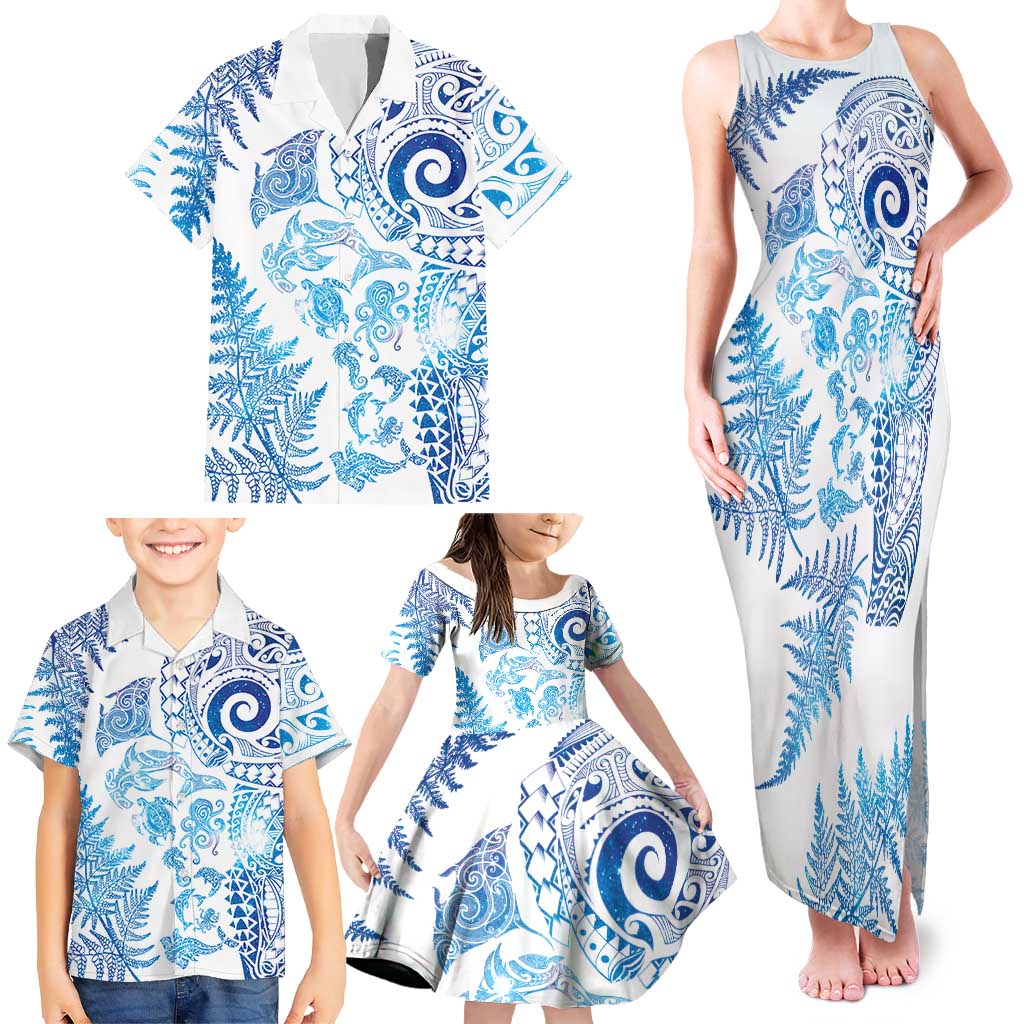 New Zealand Sea Animals Family Matching Tank Maxi Dress and Hawaiian Shirt with Maori Koru Tribal Tattoo and Silver Ferns Galaxy Style