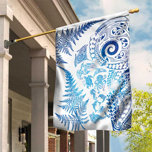 New Zealand Sea Animals Garden Flag with Maori Koru Tribal Tattoo and Silver Ferns Galaxy Style