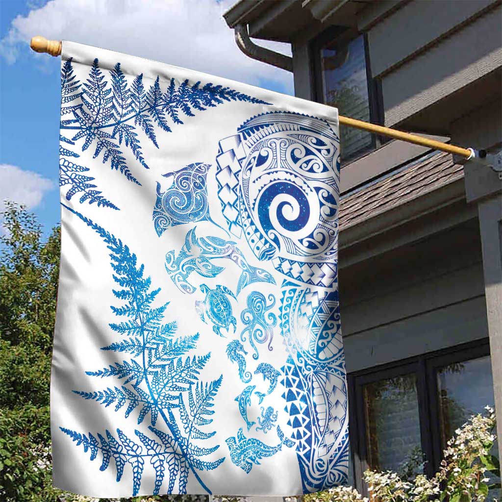New Zealand Sea Animals Garden Flag with Maori Koru Tribal Tattoo and Silver Ferns Galaxy Style