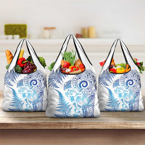 New Zealand Sea Animals Grocery Bag with Maori Koru Tribal Tattoo and Silver Ferns Galaxy Style