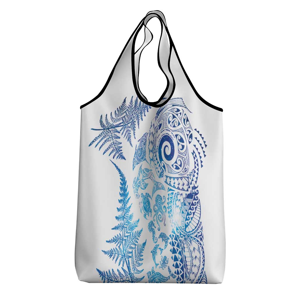 New Zealand Sea Animals Grocery Bag with Maori Koru Tribal Tattoo and Silver Ferns Galaxy Style