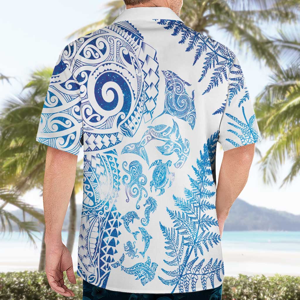 New Zealand Sea Animals Hawaiian Shirt with Maori Koru Tribal Tattoo and Silver Ferns Galaxy Style