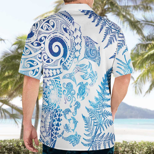 New Zealand Sea Animals Hawaiian Shirt with Maori Koru Tribal Tattoo and Silver Ferns Galaxy Style