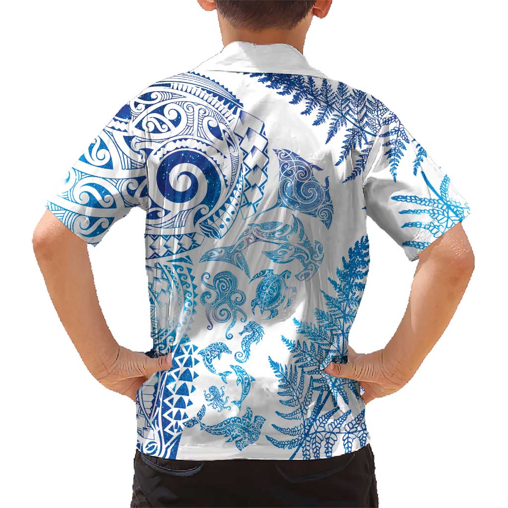 New Zealand Sea Animals Hawaiian Shirt with Maori Koru Tribal Tattoo and Silver Ferns Galaxy Style