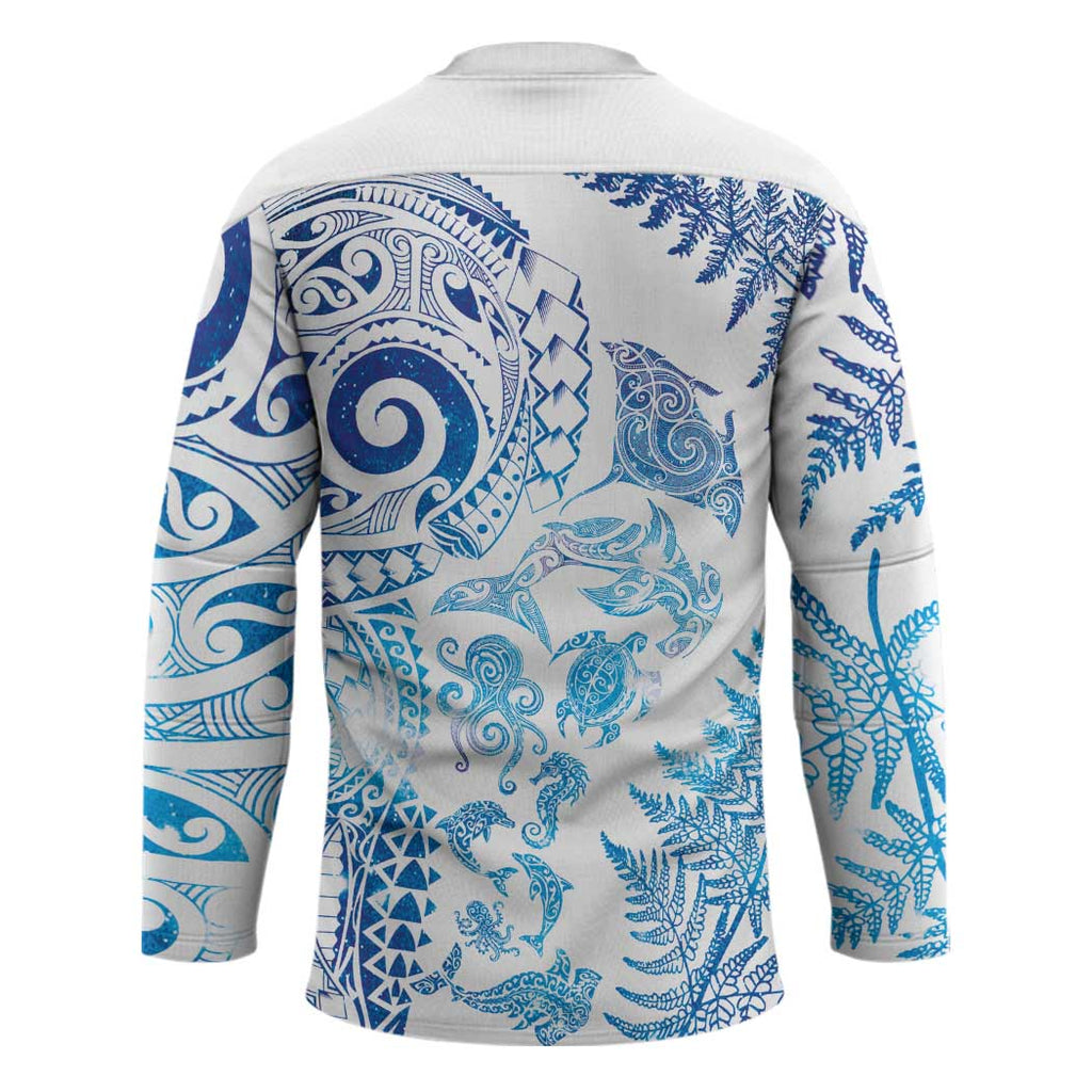 New Zealand Sea Animals Hockey Jersey with Maori Koru Tribal Tattoo and Silver Ferns Galaxy Style
