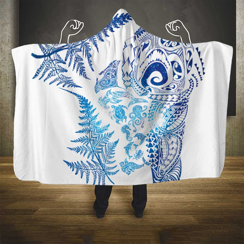 New Zealand Sea Animals Hooded Blanket with Maori Koru Tribal Tattoo and Silver Ferns Galaxy Style