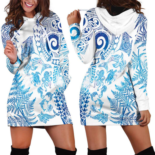 New Zealand Sea Animals Hoodie Dress with Maori Koru Tribal Tattoo and Silver Ferns Galaxy Style