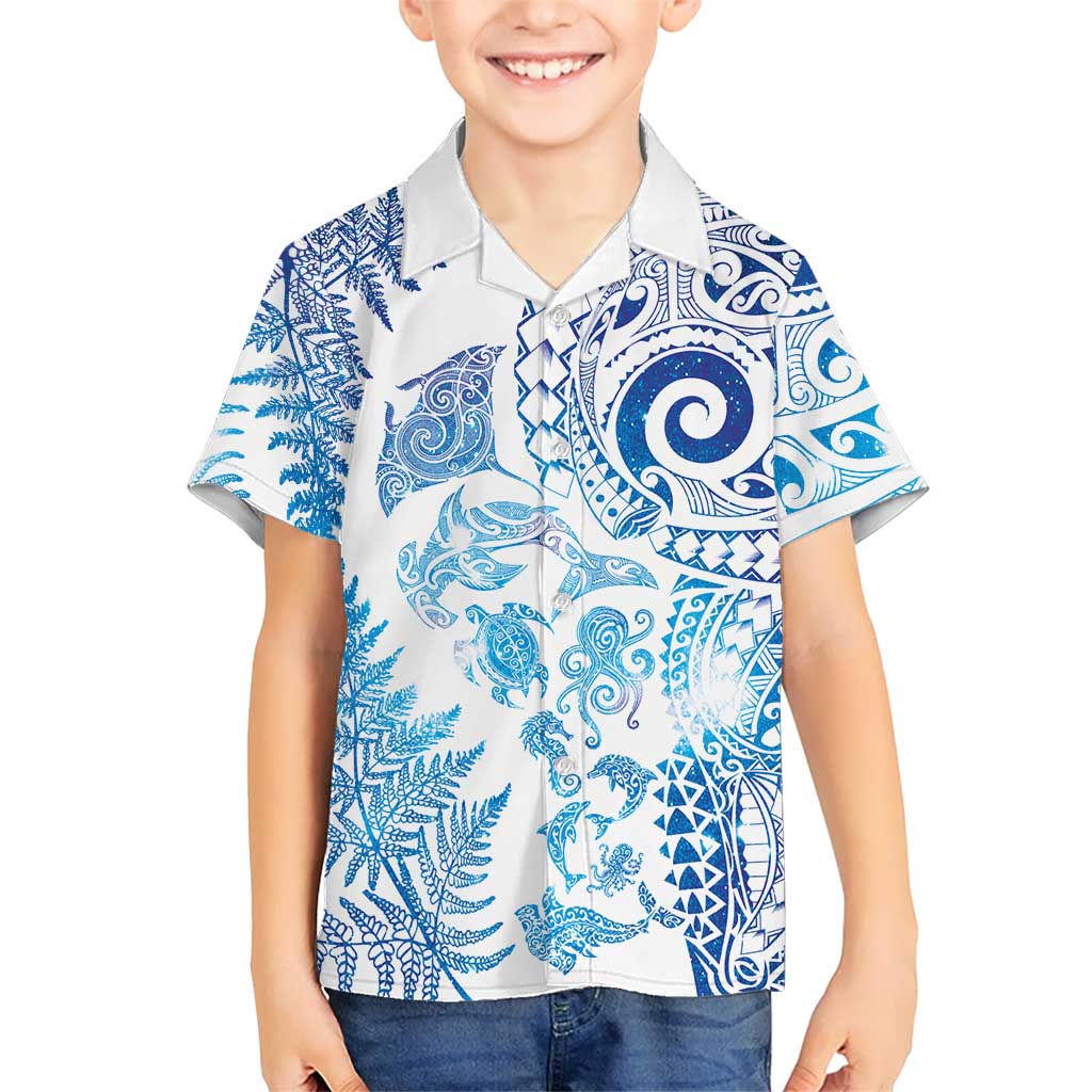 New Zealand Sea Animals Kid Hawaiian Shirt with Maori Koru Tribal Tattoo and Silver Ferns Galaxy Style