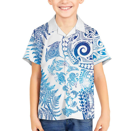 New Zealand Sea Animals Kid Hawaiian Shirt with Maori Koru Tribal Tattoo and Silver Ferns Galaxy Style